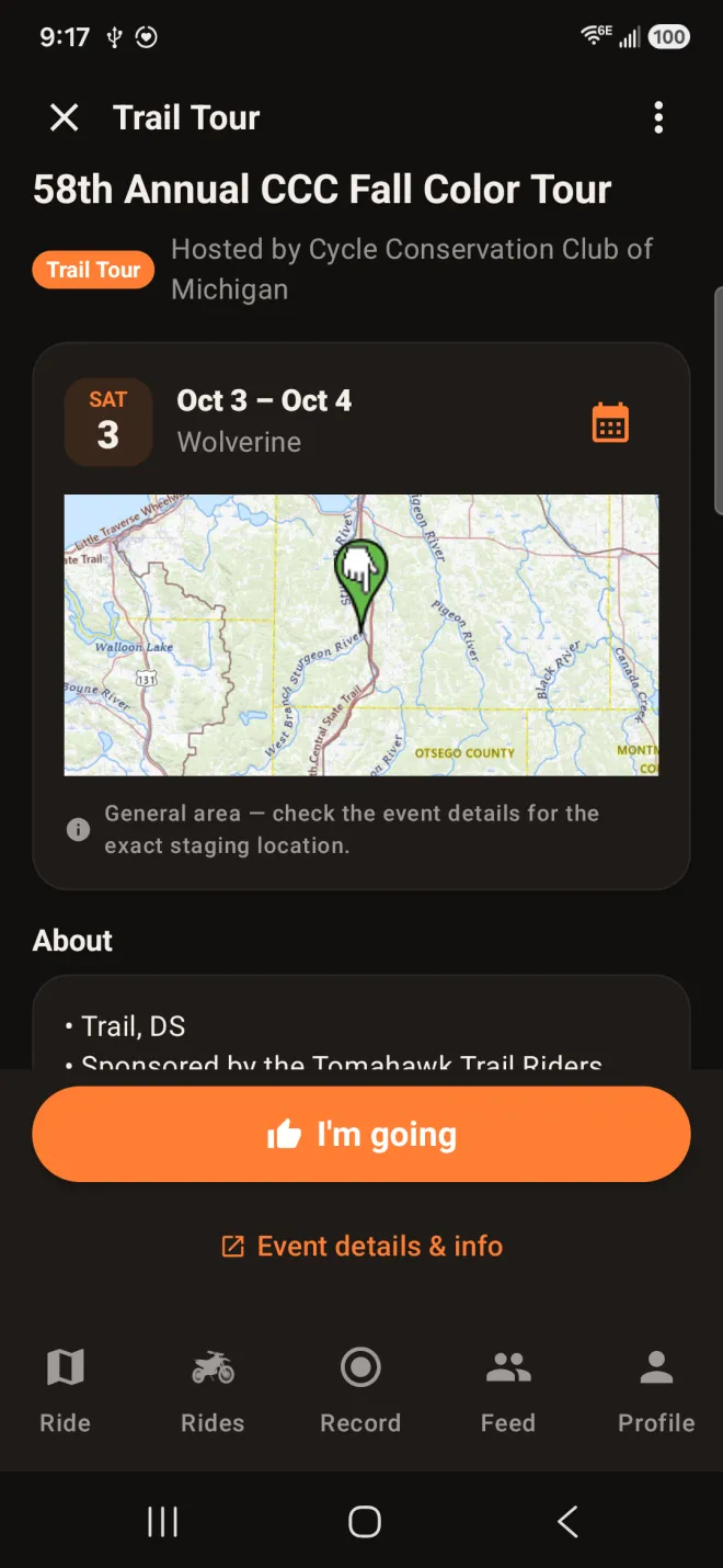 Android: event page for the CCC Fall Color Tour in Wolverine with map and RSVP