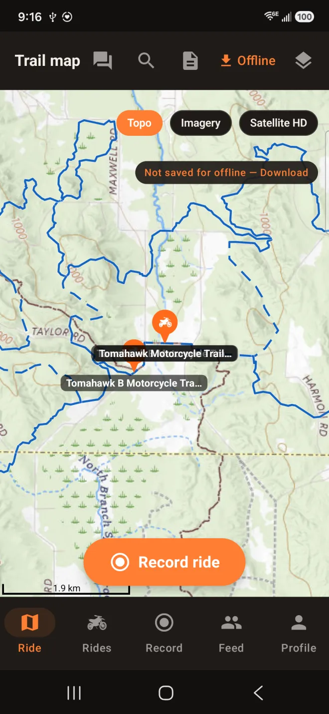 Android: USGS topo basemap with the Tomahawk B motorcycle trail