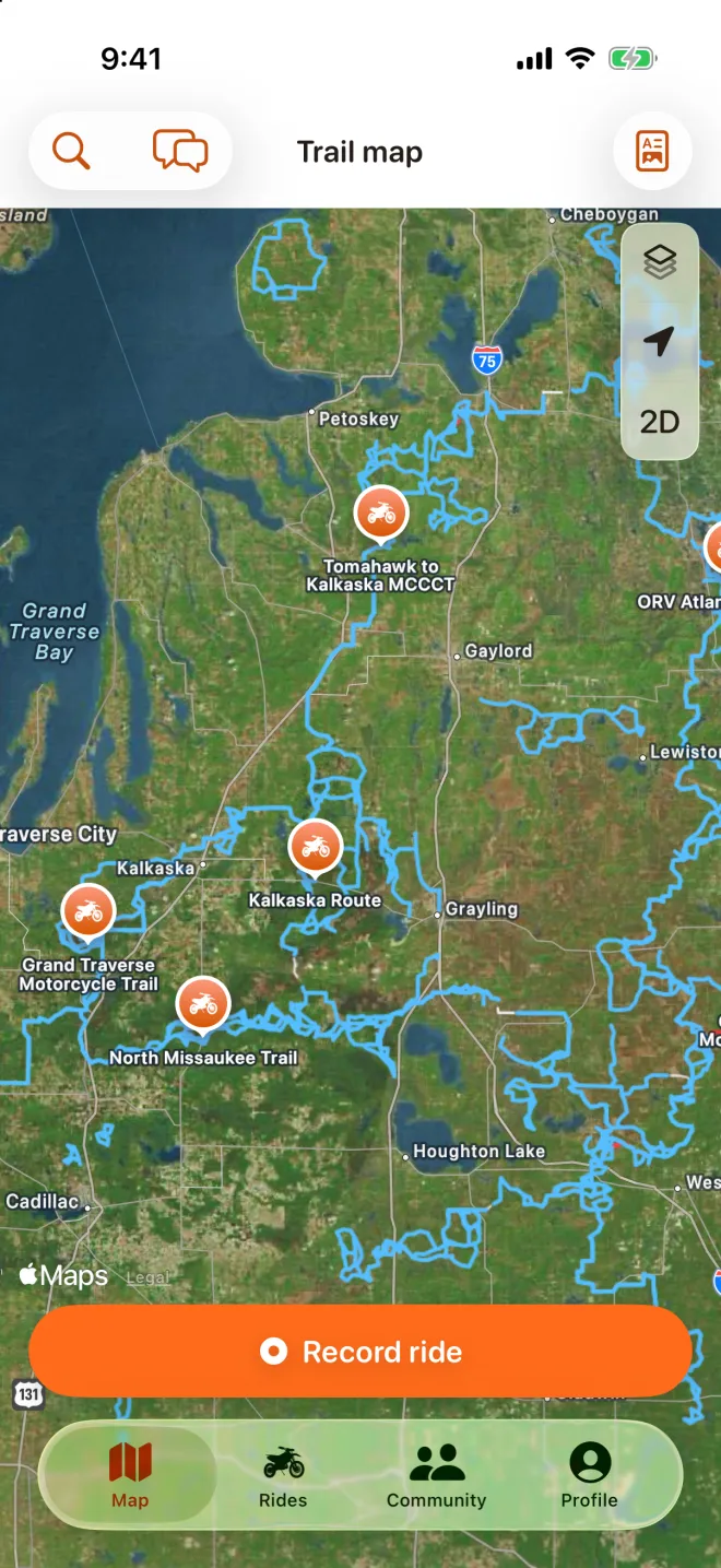 Dirt Bike Buddy on iPhone: satellite trail map of northern Michigan with every DNR ORV trail from Petoskey to Houghton Lake