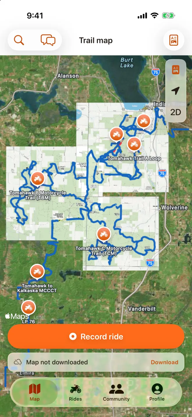 iPhone: the official DNR paper maps for the Tomahawk A, B and C motorcycle loops overlaid on the satellite trail map