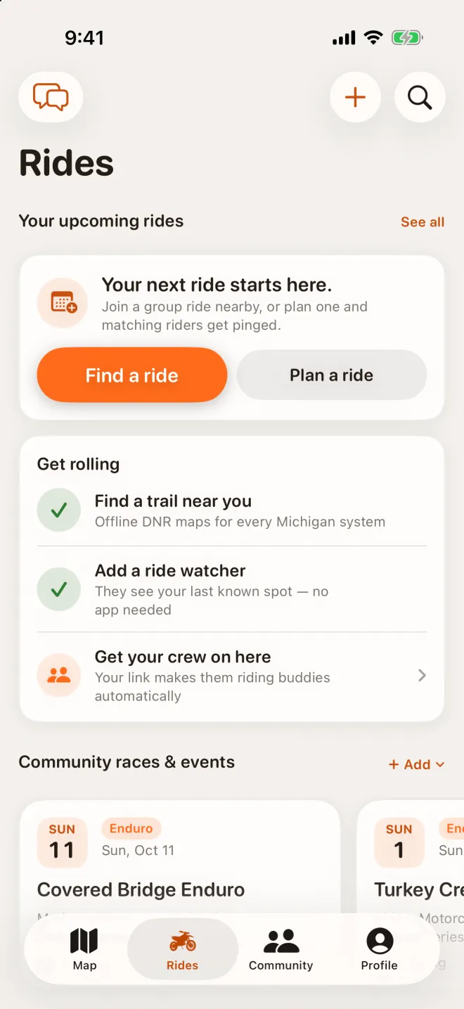 iPhone: Rides tab with a getting-started checklist and community races and events